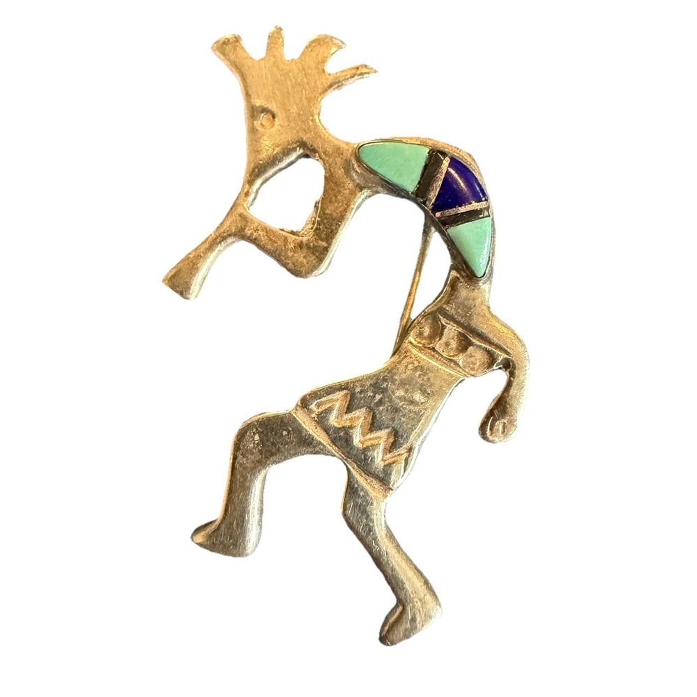 Vtg Sterling Silver Kokopelli Brooch Pin Turquoise Lapis Inlay Signed 2.5 Oz